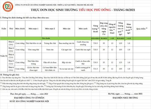 Thực đơn bán trú tuần từ 19/4 đến 23/4/2021